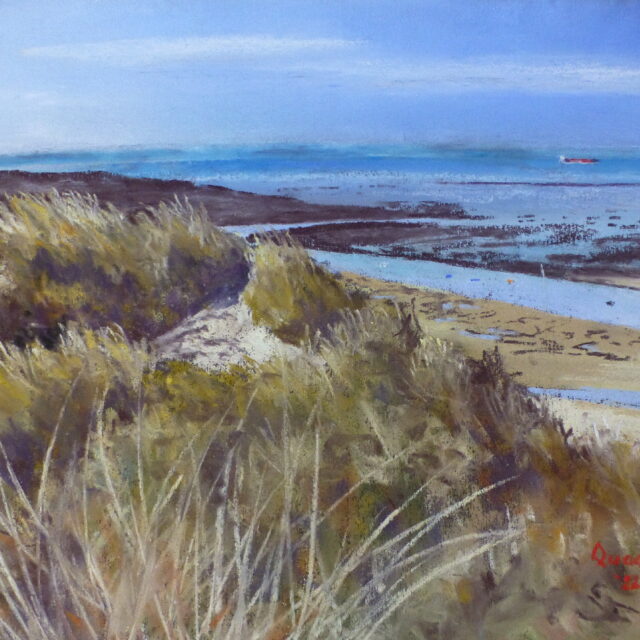 A pastel painting of the Alt Estuary as it opens up into the Mersey. Over the dunes of Marram grass can be seen the exposed sands of the estuary and the Wirral Peninsular in the distance. A tanker can also be seen in the distance leaving the Mersey.