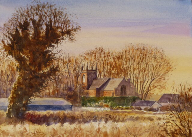 A watercolour painting of a winter's view of St Thomas' Church Lydiate from across the fields with a large ivy covered oak tree in the foreground amongst the dry grasses and in the background bare winter trees illuminated by the winter light.