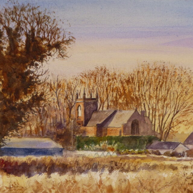 A watercolour painting of a winter's view of St Thomas' Church Lydiate from across the fields with a large ivy covered oak tree in the foreground amongst the dry grasses and in the background bare winter trees illuminated by the winter light.