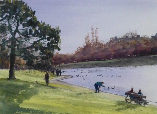 A watercolour painting of Sefton Park and its lake in South Liverpool with people walking and sitting around the lakeside and someone feeding the wildfowl on the water.