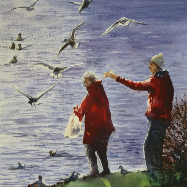 A water colour painting of a couple feeding the birds on the Lake at Southport. The light highlights the people and the feathers of the birds gathered for the feed and the plastic bag the woman holds