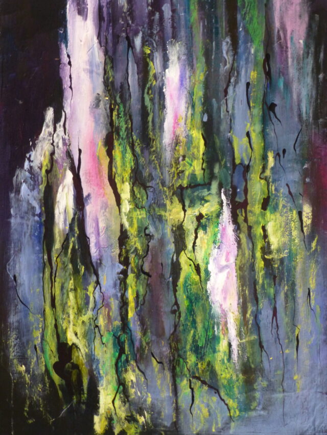An acrylic abstract painting in greens, greys, reds and whites evoking the redolence of forest mystery. Some line work and texture reinforce the congruence of colours to add another layer to the work.
