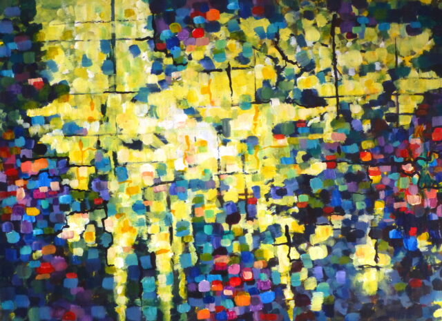 An acrylic painting on paper of squares of varying hues interspersed into different tonal areas ranging from black to white.