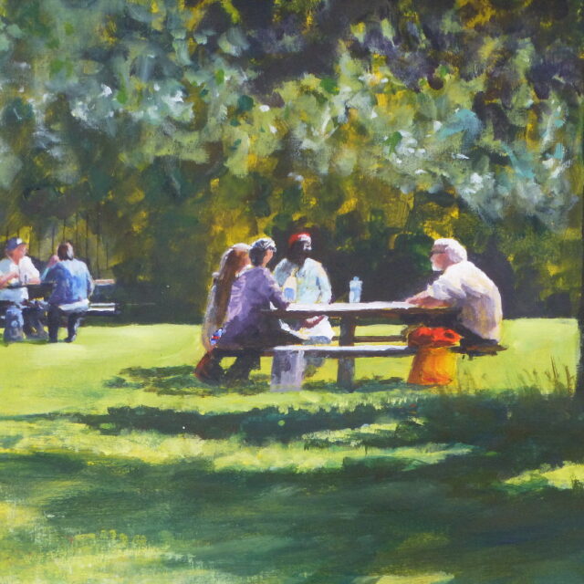 An acrylic painting of a sunny day in Sefton Park with groups sat in the shade at tables. Dog walkers pass and children play on the grass, whilst pigeons survey the scene.