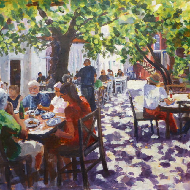 An acrylic painting of a busy Greek Taverna with diners at tables enjoying the fare amidst the dappled shade provided by vines and trees.
