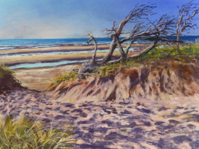 A pastel painting of fallen and broken trees atop of a low sand dune. Alongside, footprints in the sand show the path to the beach with rows of standing water stretching out to the sea.