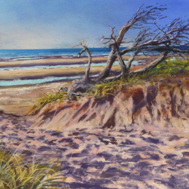 A pastel painting of fallen and broken trees atop of a low sand dune. Alongside, footprints in the sand show the path to the beach with rows of standing water stretching out to the sea.