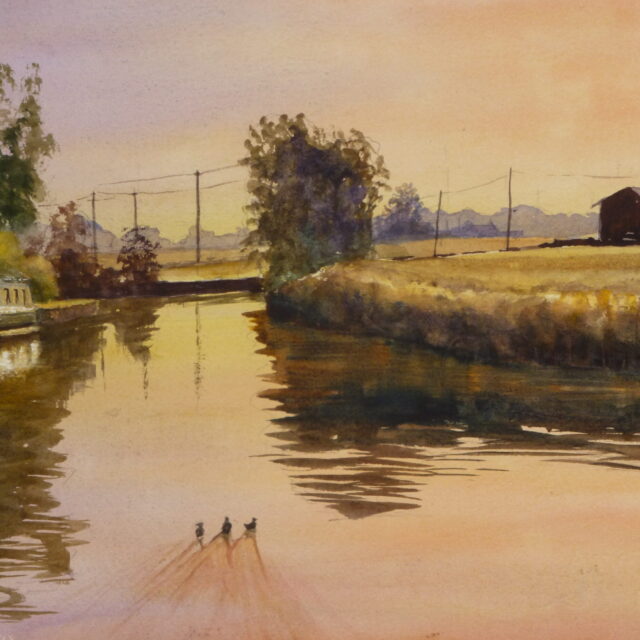 A watercolour painting of the calm waters of the Liverpool to Leeds canal in the glowing morning light at Haskayne. Moorhens patrol the waters and light reflects off the moored narrowboats.