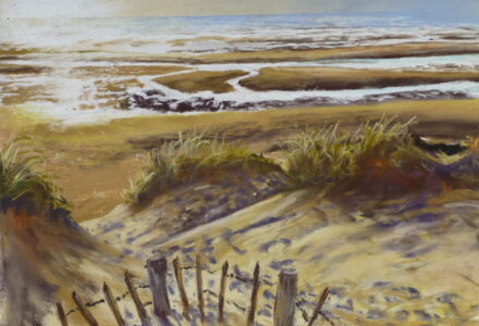 A pastel painting of the sanddunes and marram grass and half burried fencing, overcome by the windblown sand. Below, on the wet sands the afternoon light is reflected brightly and beyond that is the sea.