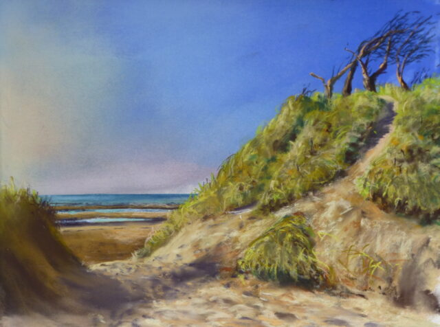A pastel painting of the Formby sand dunes coated in marram grass and crowned with remnants of a copse of trees, now beaten by the harsh conditions. In the distance is the sea.