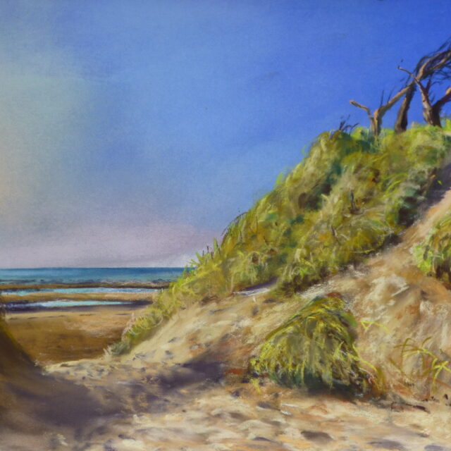 A pastel painting of the Formby sand dunes coated in marram grass and crowned with remnants of a copse of trees, now beaten by the harsh conditions. In the distance is the sea.