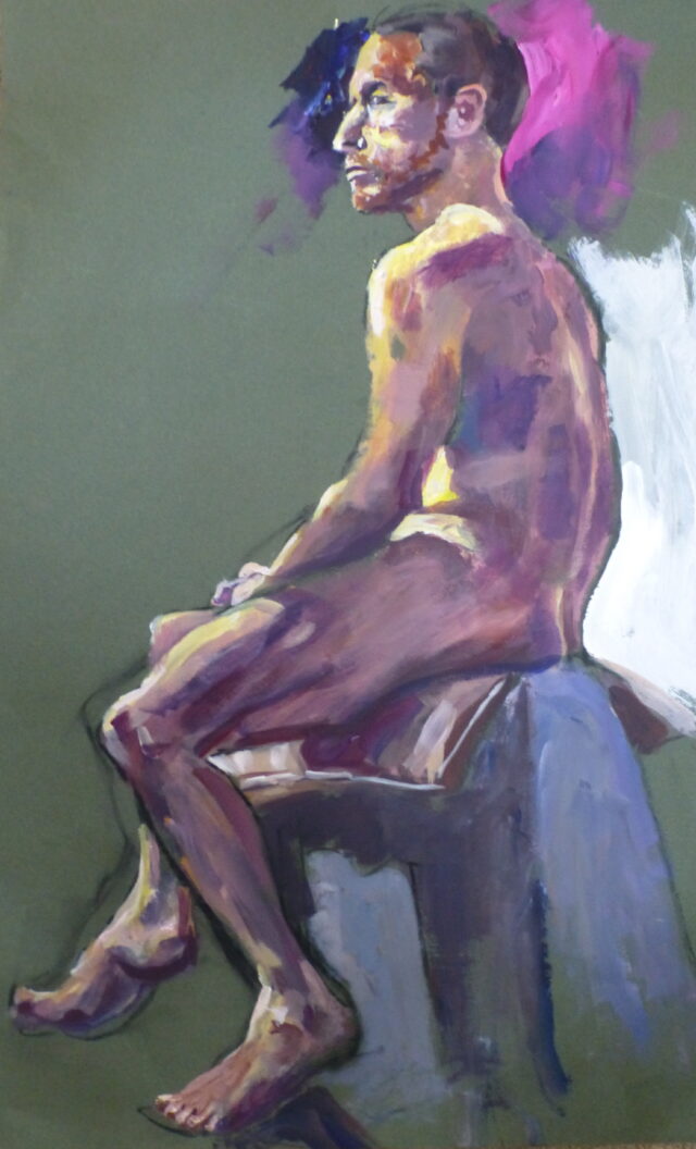 An acrylic painting of a male model seated in an elevated position with light coming in from his right. Completed in a studio setting.