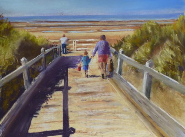 A pastel painting of the view along the boarded footpath at Formby Point with people walking towards the beach of looking from the viewpoint. Shadows are cast by the railings and the sea can be seen in the distance.