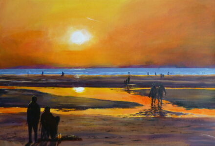 An acrylic painting of Formby beach as the sun begins to set casting a golden glow over the sands and reflections off the standing water. People sit and watch whilst others walk across the beach or stand at the water's edge