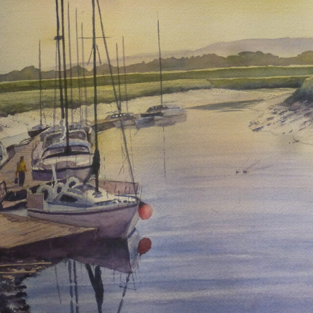 A watercolour painting of the boats moored at the Banks Boatyard on the River Douglas in the early morning with a view across the flat pastures beyond.
