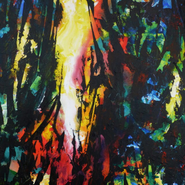 An abstract acrylic painting with contrasts of lights and shades and a myriad of colours and textures - supporting the light breaking through in the centre.