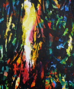 An abstract acrylic painting with contrasts of lights and shades and a myriad of colours and textures - supporting the light breaking through in the centre.