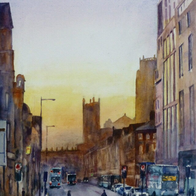 A watercolour painting looking into the sunrise over Renshaw Street in Liverpool with the Cathedral looming in the distance.