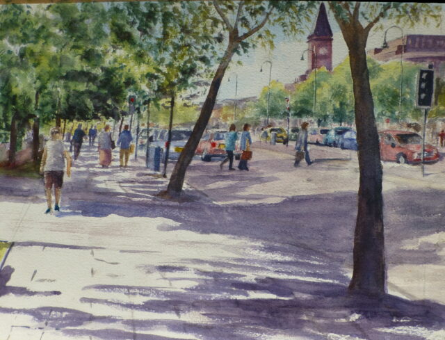 A watercolour painting of Lord Street, Southport on the east side of the street with pedestrians under the canopy of trees and others crossing the road.