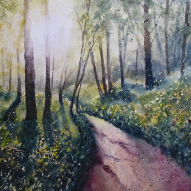 A watercolour painting of the path in Ainsdale Woods as you approach the Fisherman's Path with sunlight coming in through the trees.