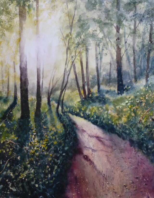 A watercolour painting of the path in Ainsdale Woods as you approach the Fisherman's Path with sunlight coming in through the trees.