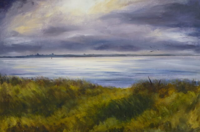 An acrylic painting of the view acoss the River Mersey towards the Wirral Peninsular in the distance whilst standing on Marram grass at Formby