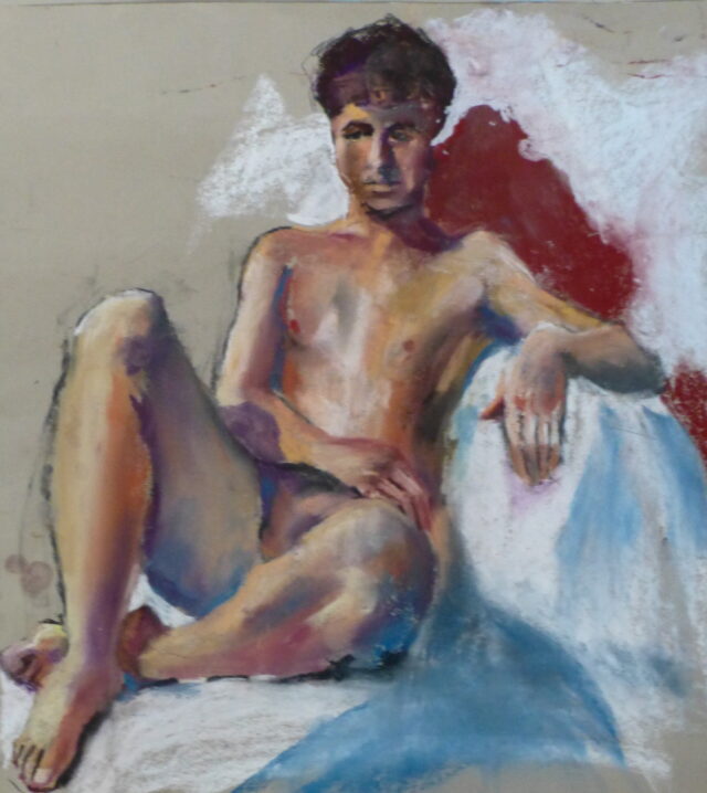 A pastel painting of a male model seated with legs crossed and light coming in from his right. Completed in a studio setting.