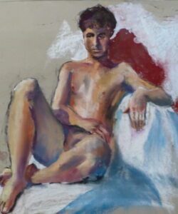 A pastel painting of a male model seated with legs crossed and light coming in from his right. Completed in a studio setting.