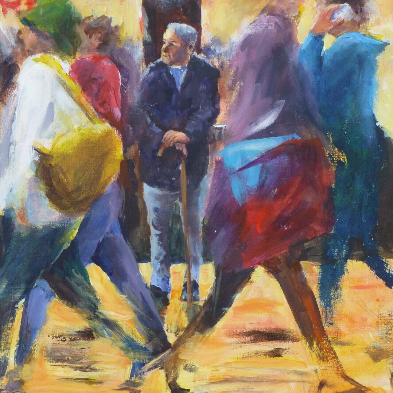 A townscape of a standing old man waiting as the crowd swirls by in the evening lights