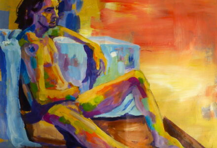 An acrylic painting of a male model sitting comfortably in a thoughtful pose painted with blocks of complementary colour.