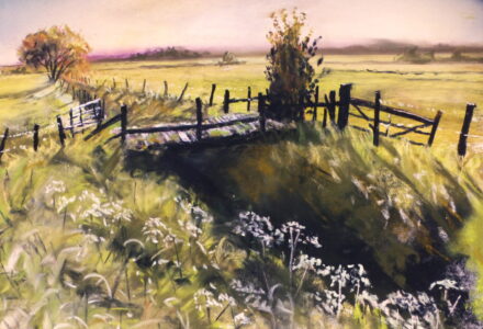 A pastel painting of an old wooden bridge over a drainage ditch caught in the low early morning light with deep shadows and illuminated flowers.