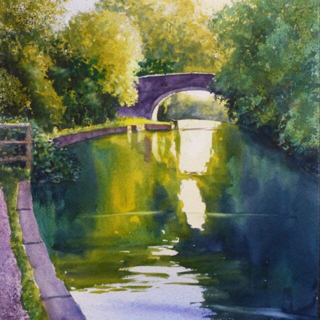 A watercolour painting of a canal bridge on the Leeds/Liverpool canal at Lydiate with sunlight bursting through the gap and illuminating water and trees.