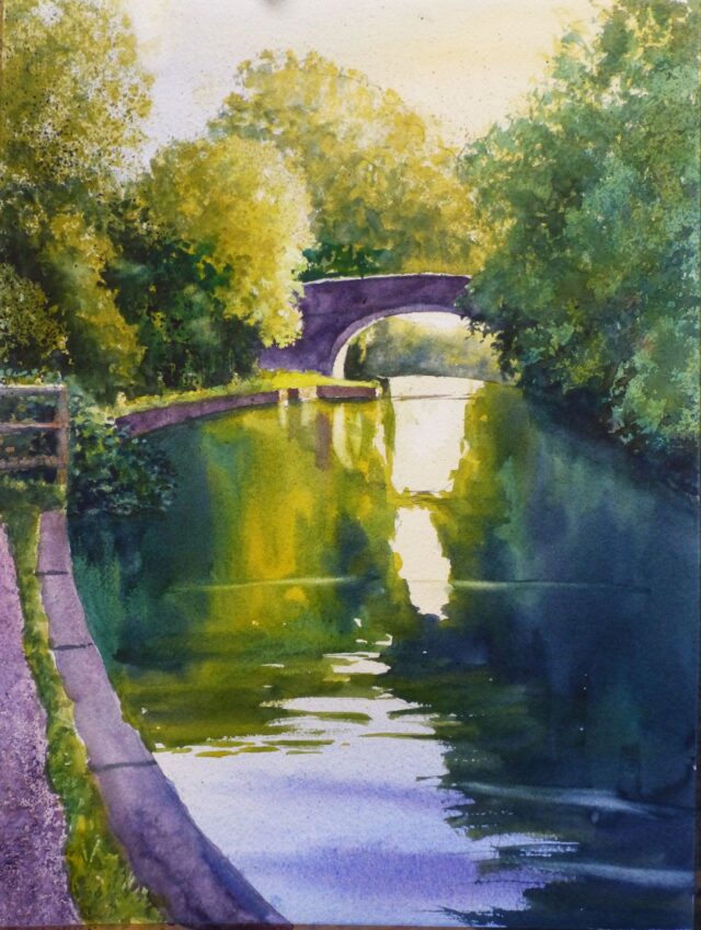 A watercolour painting of a canal bridge on the Leeds/Liverpool canal at Lydiate with sunlight bursting through the gap and illuminating water and trees.