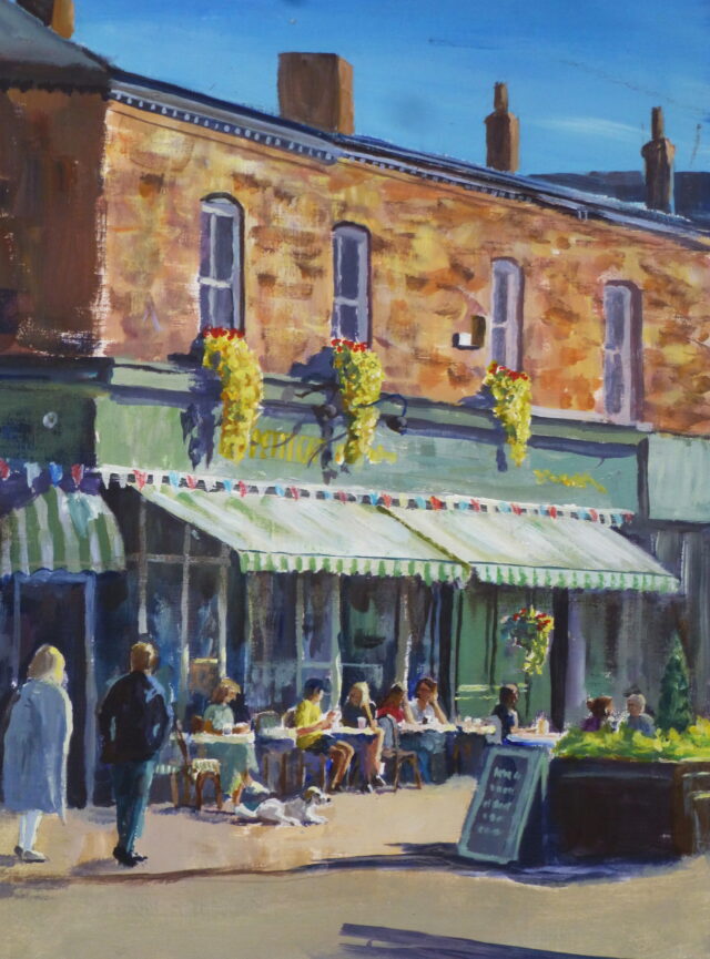 An acrylic painting of Lark Lane, Liverpool in the afternoon sunshine with drinkers, dogs and strollers enjoying the warm weather.