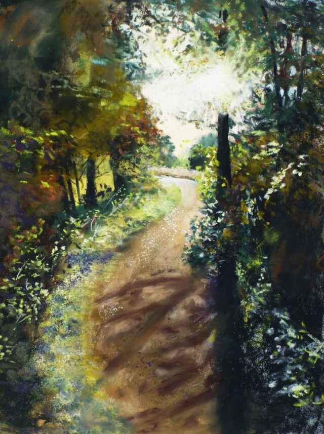 A pastel painting of the path through Ainsdale woods as the sun breaks through the trees casting shadows on the sweeping path