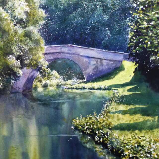 A watercolour apinting of a bridge over the canal as it disappears into a wooded area. Deep reflections are seen in the water.