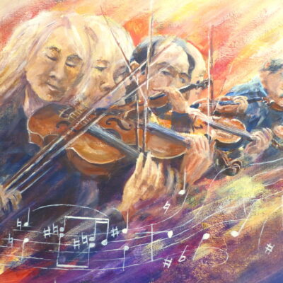 Crescendo - Acrylic Painting An acrylic painting of a group of orchestral violinists playing in unison as the music builds up depicted by snatches of musical notation.