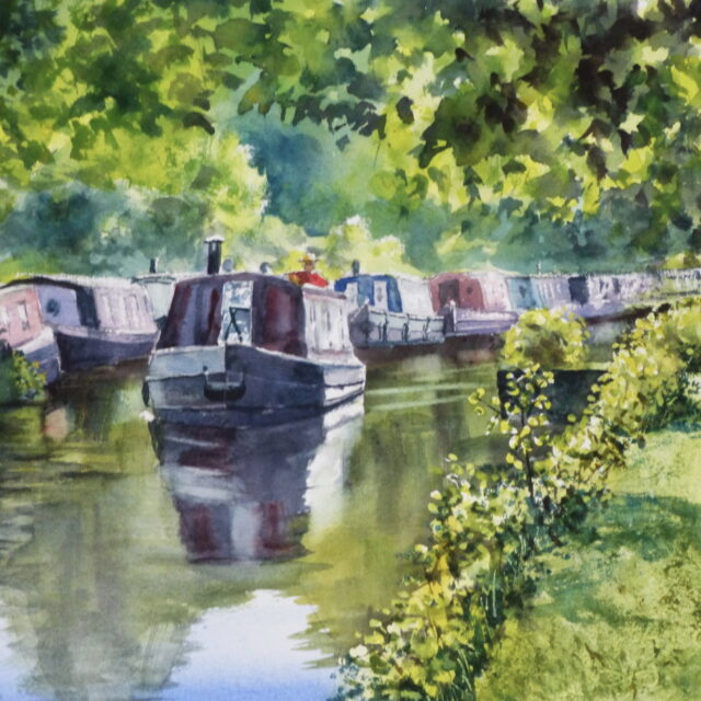 A watercolour painting of a wooded part of the Leeds/Liverpool Canal with a narrowboat coming through a restriction alongside moored boats.
