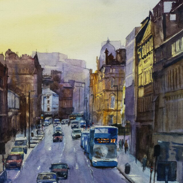 A watercolour painting of Victoria Street, Liverpool as the last rays catch the tops of buildings making them glow against the cool colours of the other buildings.