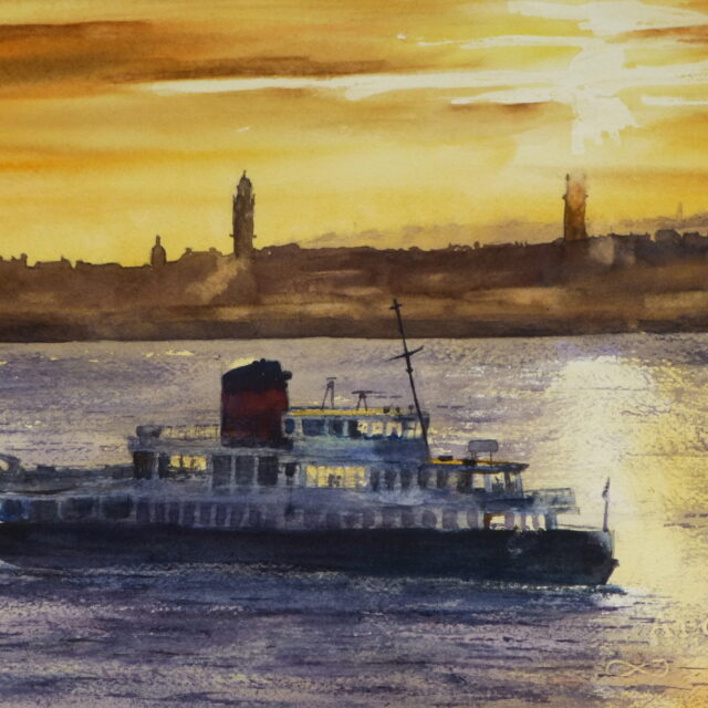A watercolour painting of the Mersey Ferry returning to dock at the Liverpool Pier Head as the sun gets lower over Birkenhead.