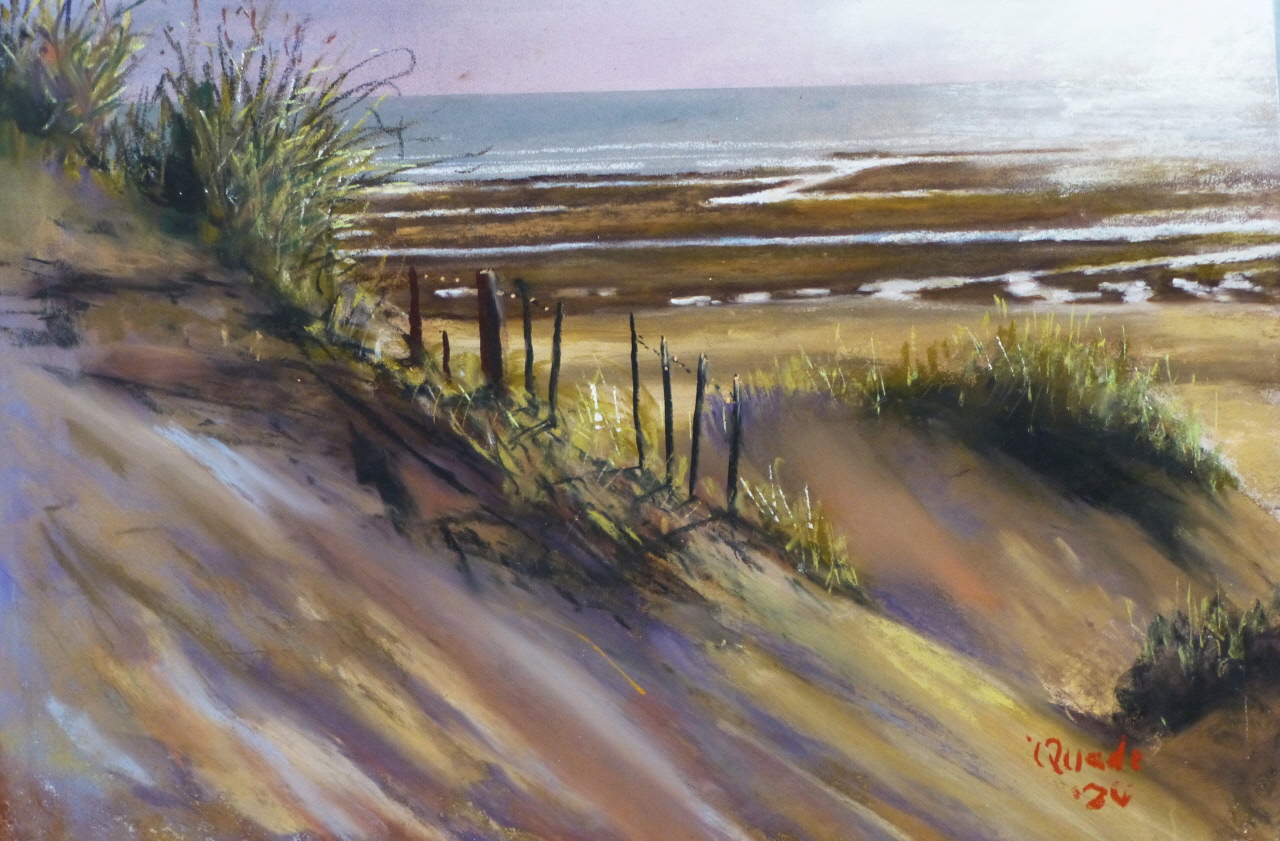 A pastel painting of a steep sanddune crowned with glistening marram grass and a broken fence. Below rivulets flow through the sand towards the sea.