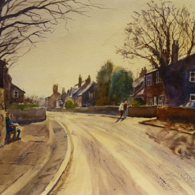 A watercolour painting of the view along Little Crosby Road into the sun highlighting the chimneys, buildings and cast shadows.