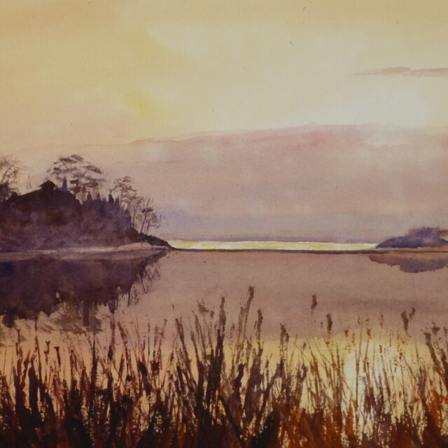 Watercolour painting of a seaside lagoon at sunrise. Light reflects off the distant sea through the foreground reedbed. Buildings,trees and dunes are reflected in the lagoon.