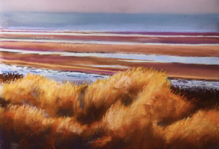 A pastel painting of early morning at formby beach with the marram grass a golden colour from the low light. Clusters of birds congregate on an otherwise empty beach.