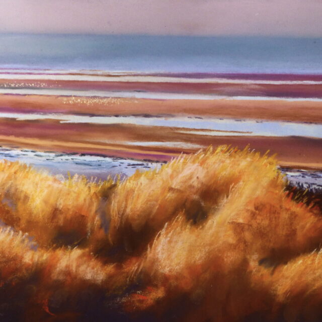 A pastel painting of early morning at formby beach with the marram grass a golden colour from the low light. Clusters of birds congregate on an otherwise empty beach.
