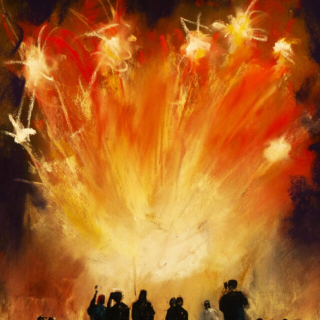A pastel painting of a crowd watching the finale of a fireworks display. The sky a blaze of yellow whites and oranges that silhouettes the figures.