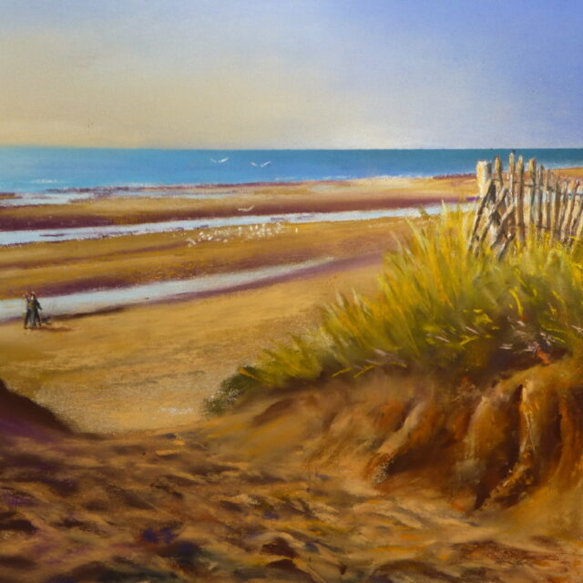 A pastel painting of low tide at Formby beach viewed from the cliffs with marram grass and broken fences. Seabirds and people can be seen below.
