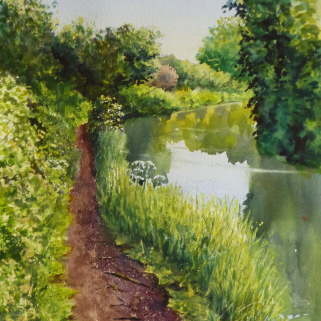 A watercolour painting of the Leeds to Liverpool Canal as it turns near Lydiate. The spring greens of surrounding trees glow in the morning sunshine.