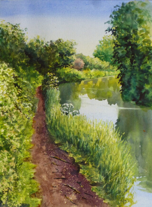 A watercolour painting of the Leeds to Liverpool Canal as it turns near Lydiate. The spring greens of surrounding trees glow in the morning sunshine.