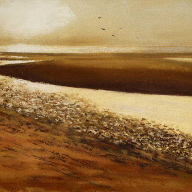 A pastel painting of Formby beach near sunset at low tide. Rivulets of water twist towards the sea and gulls hang in the air. The light turns the sand gold.